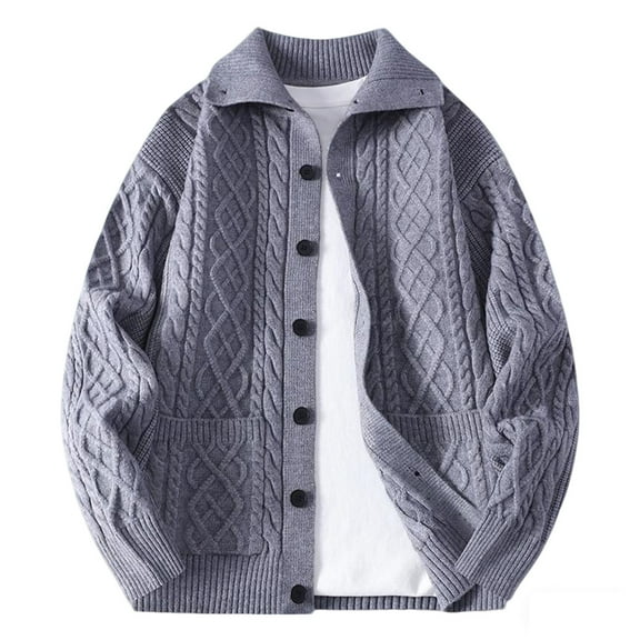 ZCFZJW Full Button up Jackets for Men Trendy Fall Long Sleeve Twist Cable Knit Open Front Cardigan Sweater Tops Lapel Collared Pullover with Pockets Gray XL