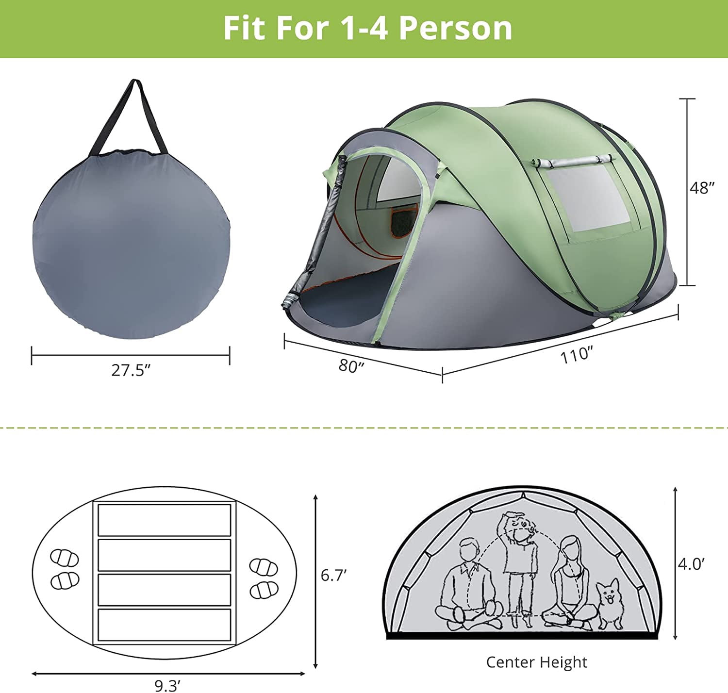 VINGLI Pop Up Camping Tent,Waterproof Automatic Setup -Instant Family Tents for Camping Hiking & Traveling, 110inx79inx48in