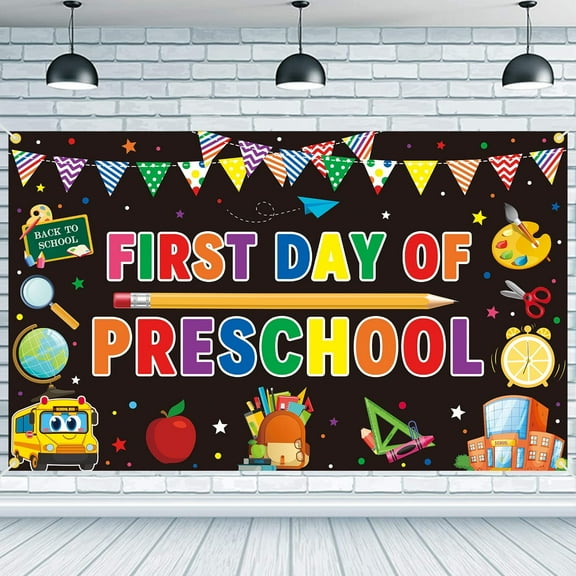 First Day of Preschool Backdrop Banner 73 x 43 Inch Large Size Colorful First Day Of School Background Banner with Pencil Preschool Back To School Party Decorations for School Classroom