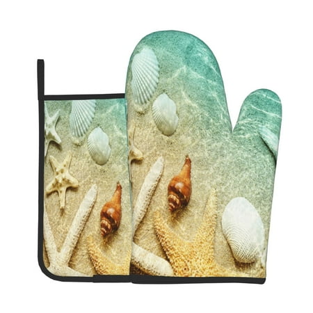 

Zeuib Starfish And Seashell On The Beach Print Oven Mitt & Pot Holder Set 2-Pack Kitchen Gloves and Hot Pads for Cooking BBQ Grilling Baking