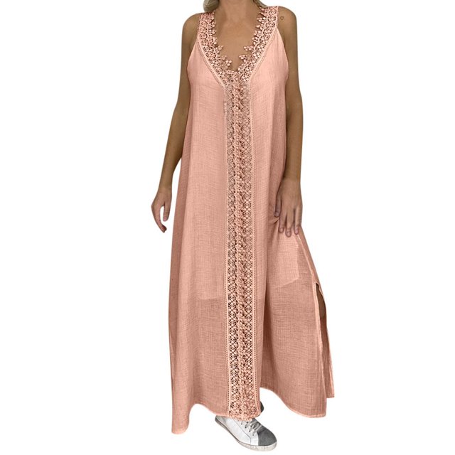 CieKen Robe Longue Sans Manches à Épaules Dénudées en Dentelle Patchwork pour Femmes Grande Taille
