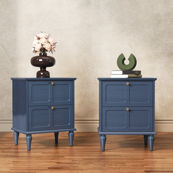 CBJCBJ21" Mid-century Nightstands Set of Two, Featuring Two Storage Drawers with Metal Handles, Blue