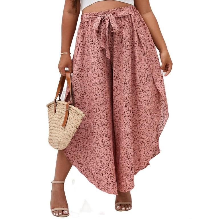 Women's Plus Size Tie Front Elastic Waist Wide Leg Pants Asymmetrical Hem Pants Flowy Pants 1XL