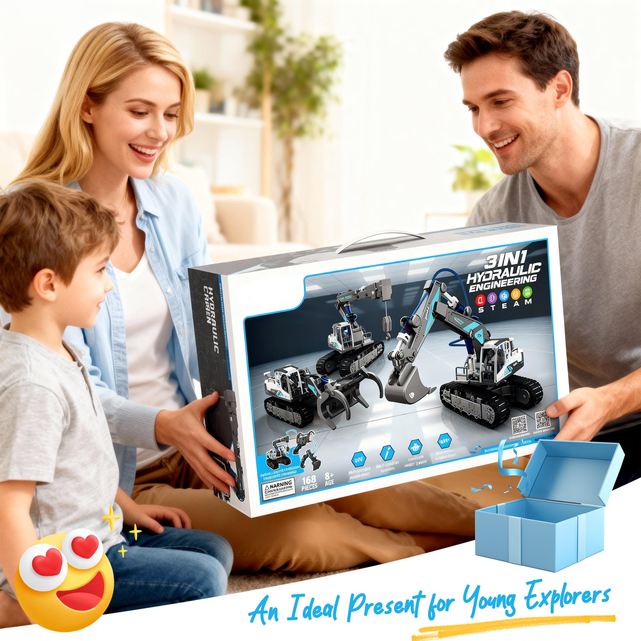YCFUN Toy Crane Model Building Kit with Hydraulic, 3-in-1 Crane, Excavator & Wood Loader Construction Toy Truck, Erector Set for Kids 6-13