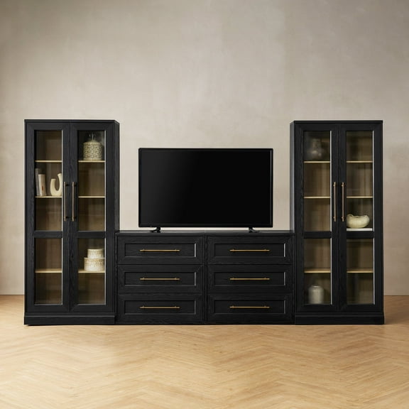 Blake 4 Piece Entertainment Center with Storage, Dresser TV Stand with Tall Display Cabinets, Black Oak