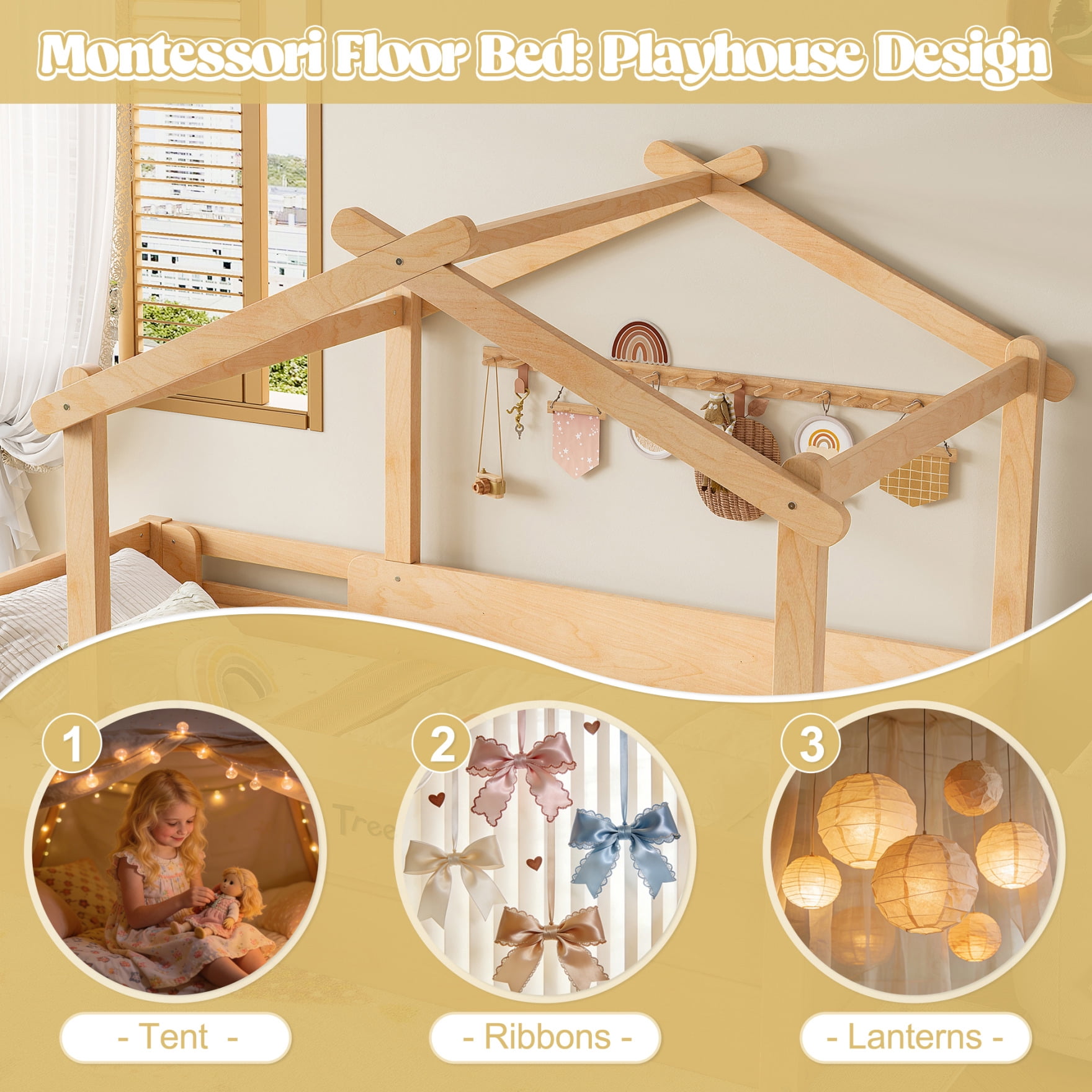 Full House Bed for Kids, Wooden Montessori Floor Bed with Door and Fence, Playhouse Roof Toddler Floor Bed with Built-in Tray for Boys & Girls, Natural