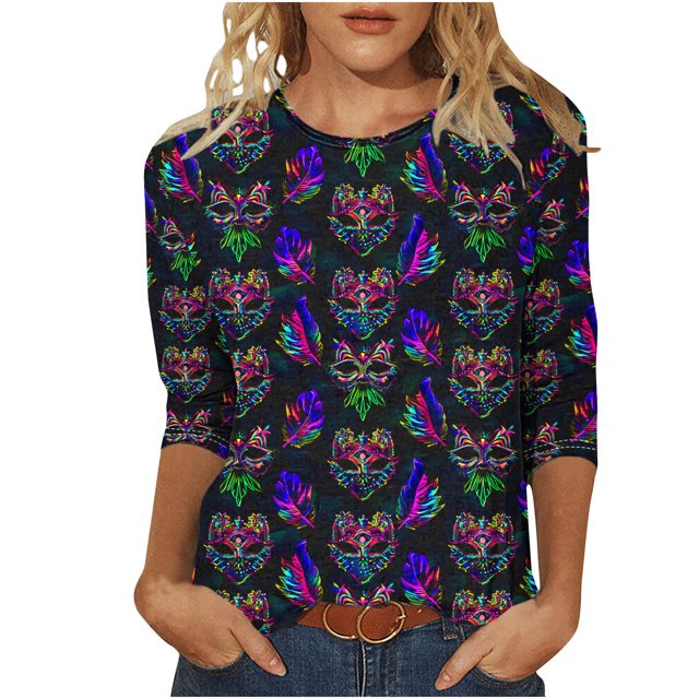 Penkiiy Blouse Carnaval Manches 3/4 Chemise de Printemps Quotidienne Tee Imprimé Masque Blouse Mardi Gras Col Rond 2024 Tee Tunique Habillée S Multicolore