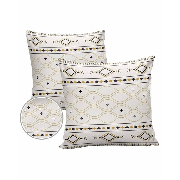 Pack of 2 Outdoor Pillow Covers, Boho Black and Brown Geometric Striped Waterproof Square Throw Pillowcase Cushion Decorative Pillow Covers for Couch Patio Tent, 24x24 in