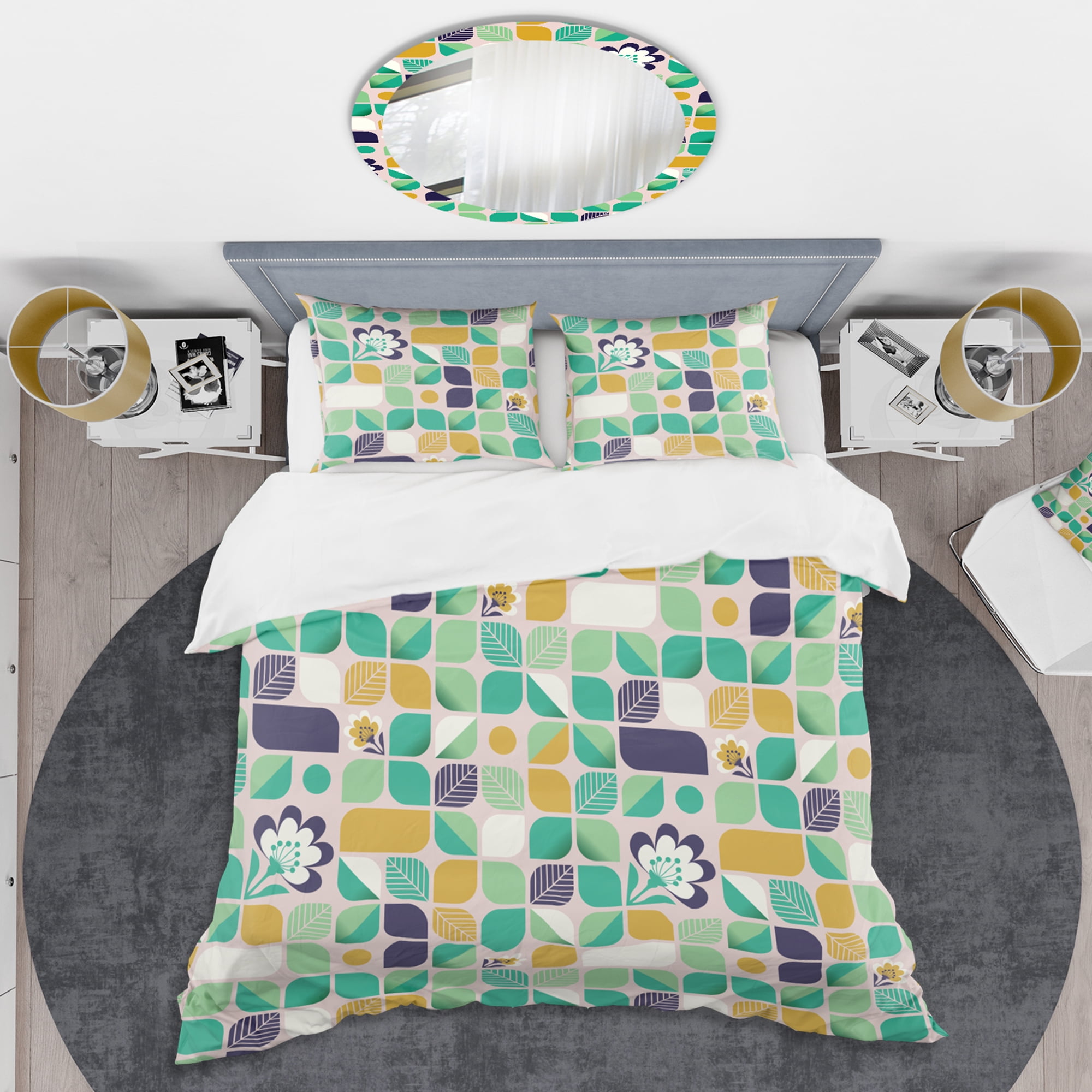 Designart 'geometric pattern with leaves and flowers' Mid-Century Modern Duvet Cover Set