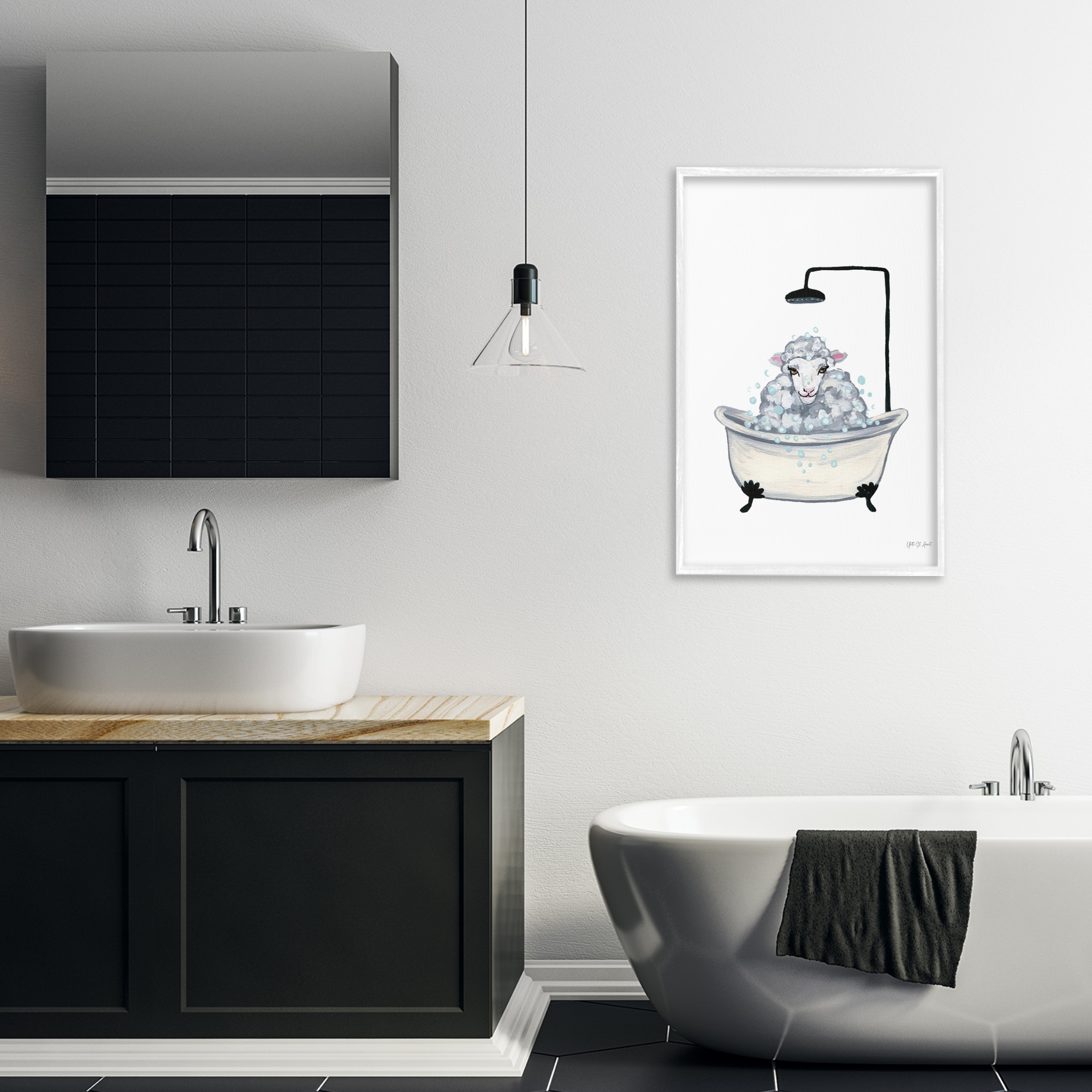 Stupell Industries Farm Sheep Bathtub Typography Painting White Framed Art Print Wall Art, 20 x 30