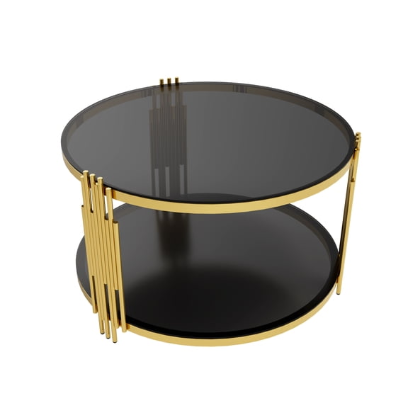 31.5" Modern Round Coffee Table with Black Tempered Mirror Top, Asymmetrical Metal Frame, Gold Drum Base and Lower Shelf
