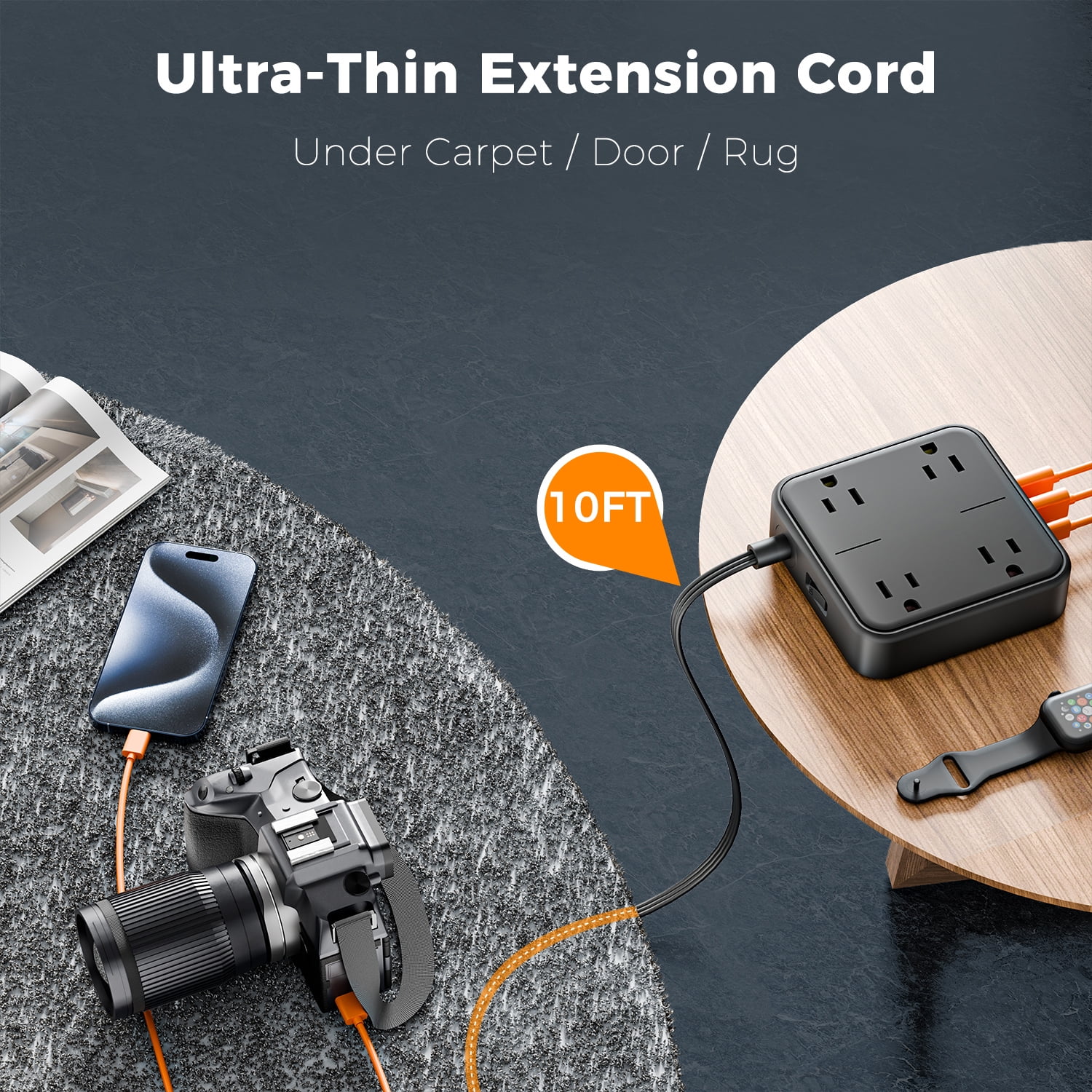 10Ft Extension Cord Power Strip with 4 Outlets & 3 USB (1 USB C), Ultra Thin Flat Surge Protector, Black