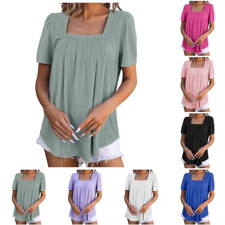Square Neck Short Sleeve Tops for Women Shrug Shoulder Pleated
