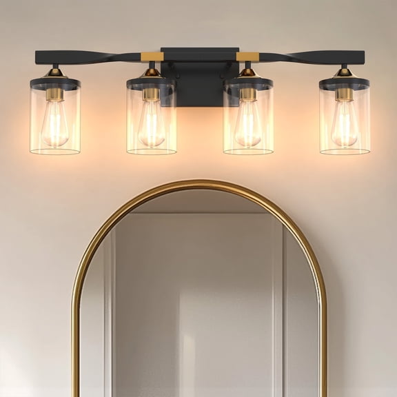 YANSUN 26.3 in 4 Light Black and Gold Vanity Light with Clear Glass Shades for Bathroom Living Room Bedroom Hallway