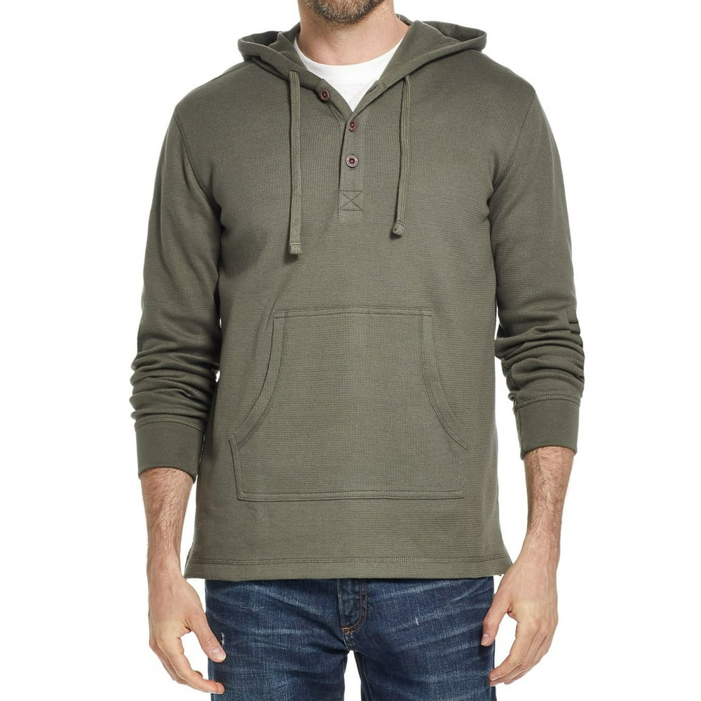 Weatherproof Vintage Mens Sweater Olive Waffle Knit Hooded Henley 2XL