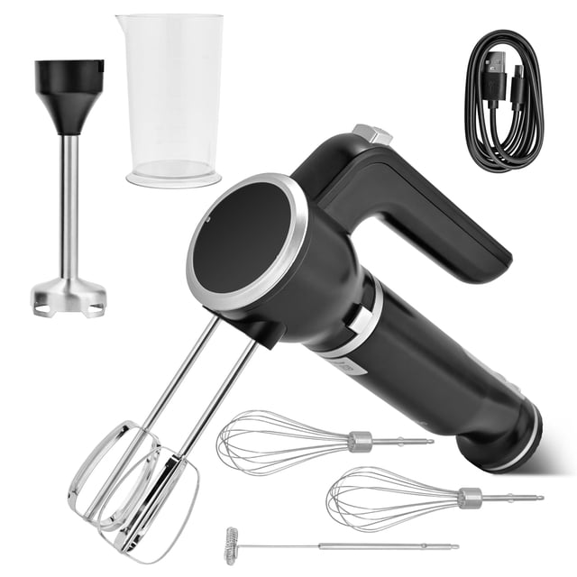 Pukomc Mélangeur à Main, Appareil de Charge Portable Multifonction 5-en-1 Mélangeur à Main, avec Mélangeur à Immersion et Batteur, Fouet, Barres Milkshake, Récipient Mélangeur,