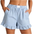 thumbnail image 2 of Ymauqau Linen Shorts for Women Elastic High Waisted Pull on Ruffle Hem Striped Boxer Casual Shorts Summer Beach Shorts with Pockets, 2 of 7