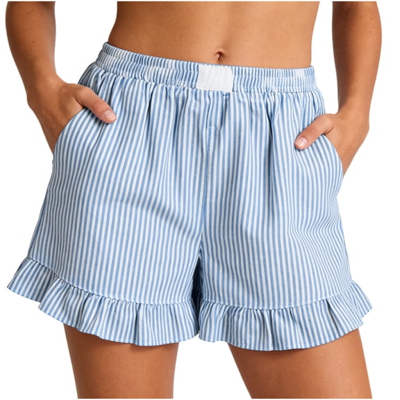 Brqkzdu Womens Striped Shorts Mid Rise Wide Leg Lounge Shorts Lace Hem Comfy Baggy Summer Shorts Casual Beach Shorts