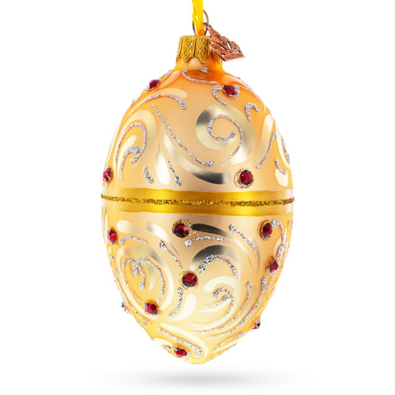 Red Jewels on Champagne Swirls Glass Egg Ornament 4 Inches