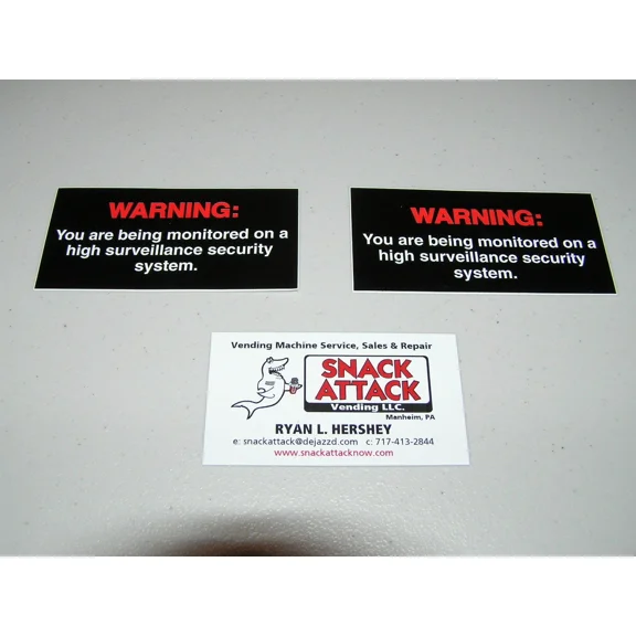 (2) Soda Vending Machine Decals "Warning: Being Monitored On Security System"