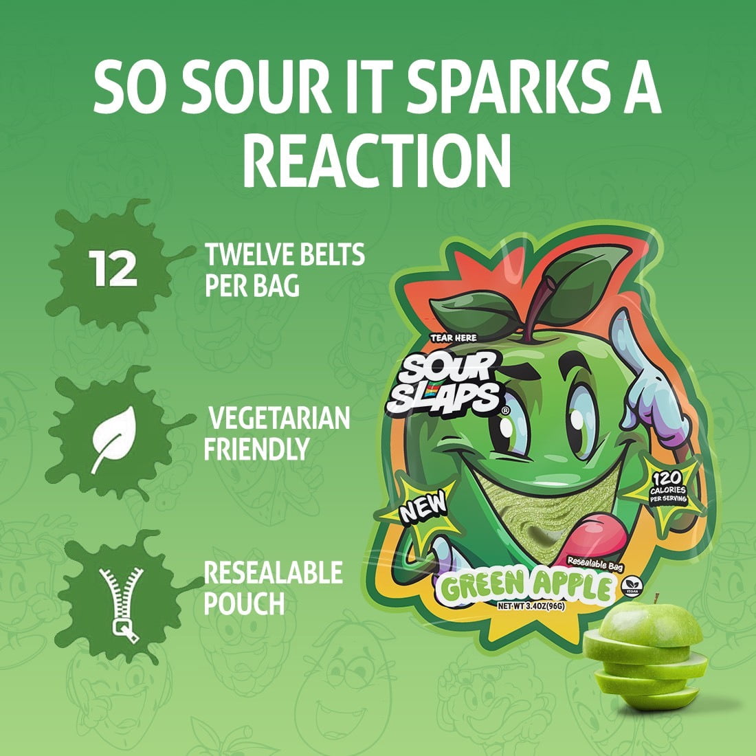 Sour Slaps 9-Pack Flavored Sour Candy Belts - Deliciously Sour, Fresh & Chewy, Extreme Sour Kick, Vegetarian, 9 Mouth Watering Flavors Sweet Snack Fruit Candies Tangy Bonbon