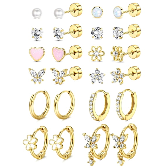 Hypoallergenic Flat Back Earrings for Women Earring Set-Surgical Steel Earrings for Sensitive Ears-14K Gold Plated Stainless Steel Flatback Studs Screw Back Small Hoop Cartilage Earring Stacks