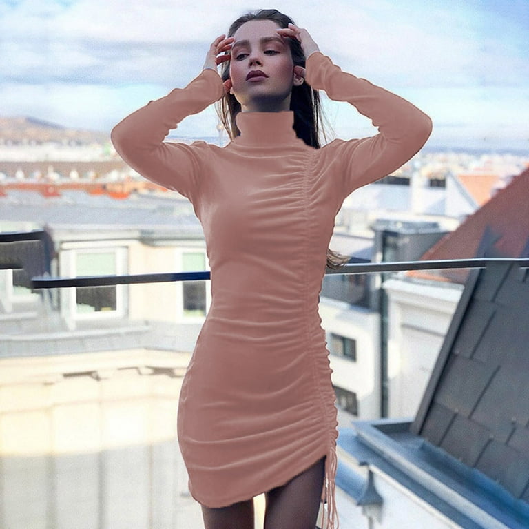 QIPOPIQ Clearance Women's Dresses Summer Trendy Solid Long Sleeve