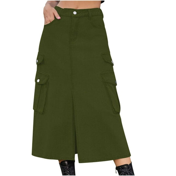 Loopsun Womens Skirts, Skirts for Women, Women's Denim Casual Wear Pocket Skirt Casual Mid Length Skirt Army Green