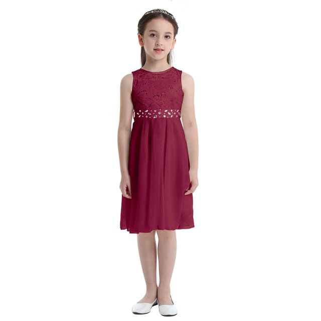 Miaeowve Robe Princesse Sans Manches en Mousseline à Paillettes et Dentelle pour Filles, Demoiselle d'Honneur, Mariage, Fête, Robe de Bal, Rouge 10