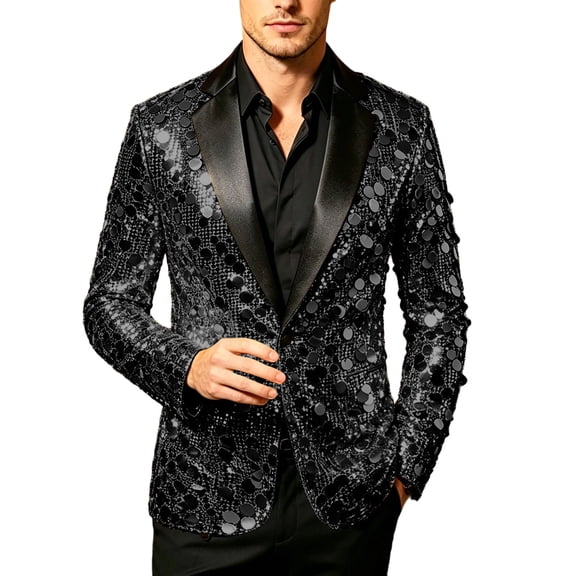 Unisex Sequin Blazer Satin Lapel Single Button Long Sleeve Slim Glitter Formal Party Wedding Stage Jacket, Suit Jacket Black XXL