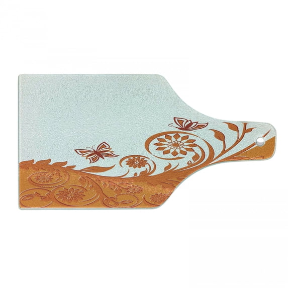 Orange Cutting Board, Rose Branch Motif with Floral Swirls in Old Fashioned Style Butterflies, Decorative Tempered Glass Cutting and Serving Board, Wine Bottle Shape, Orange White, by Ambesonne