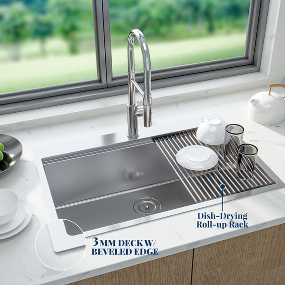 33 Inch Topmount Workstation Kitchen Sink, Drop-In Single Bowl, 16 Gauge Stainless Steel with Ledge, Accessories Included, 33 x 22 x 10 In