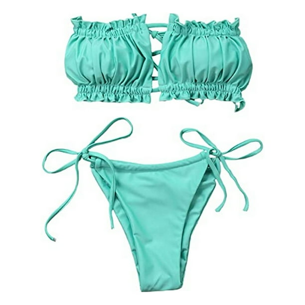 Bikini plisado sexy para mujer, traje de baño con tirantes con volantes y huecos, traje de baño con relleno y encaje de color puro