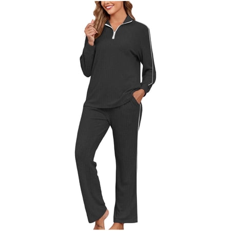 AINIYS Womens Two Piece Pajamas Sets Comfy Fuzzy Casual Loungewear Quarter Zipper Neck Pullover Matching Set Fall Pjs Black L
