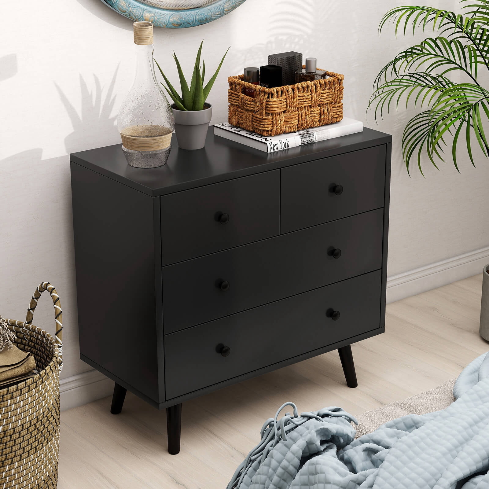 Costway 4 Drawer Dresser for Bedroom Wide Chest of Drawers with Metal Guide Rails Black