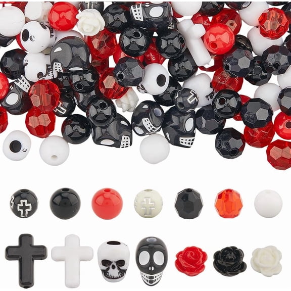500Pcs Bead Kit Stone Beads Black Red White Rose Flower Gothic Charm Crosses Charms Loose Spacers for Jewelry Making Bracelets Necklaces DIY Crafts Gift Supplies Colorful