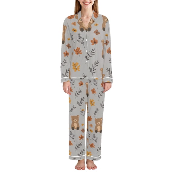 FORMRS Womens Pajama Set Long Sleeve Top and Pants with Pockets Soft Comfy Lounge Sleepwear, Sizes S-2XL, Brown Cartoon Bears
