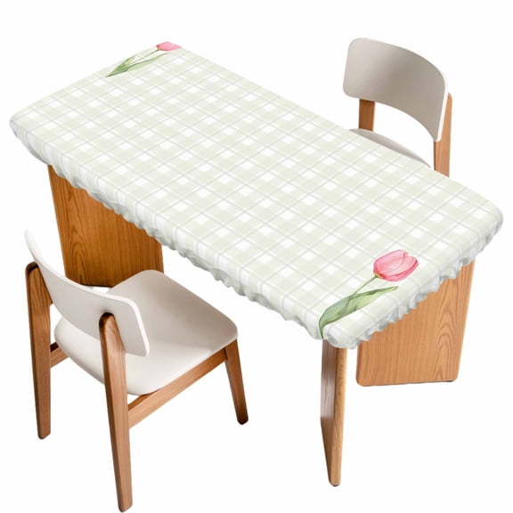 Pink Spring Floral Table Cloths for 4 Foot Rectangle Tables, Tulip Yellow Plaid Summer Botanical Patio Waterproof Elastic Fitted Tablecloths, Washable Rectangular Table Cover for Camping