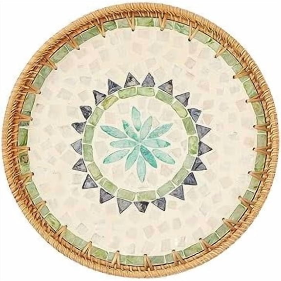 Round Rattan Tray with Mother of Pearl Inlay, Rattan Serving Tray with Wooden Base, Decorative Wicker Basket for Table Decor, Storage and Display of Coffee Bread Food Fruit (Bohemia)