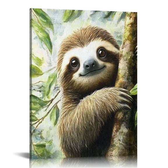 Patifu Sloth Branch Leaves Canvas Wall Art Home Office Decor 12x16 in