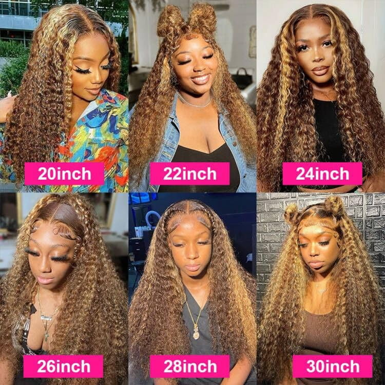 Firstbeauty Highlight Ombre Lace Front Wigs 100% Human Hair 4/27 180% Density Honey Blonde Water wave Wig Human Hair Lace Frontal Wigs 20inch Pre Plucked Wet and Wavy Curly Wigs