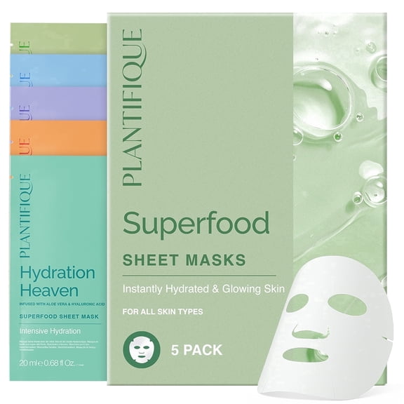 Plantifique Superfood Facial Sheet Mask, Coconut, Aloe, Vitamin C, Centella and Collagen, Hydrating and Refreshing, All Skin Types, 5 Pack