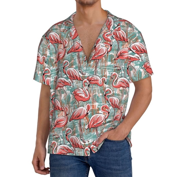 Balery Pink Flamingo Camisa Casual de Manga Corta con Botones para Hombre, Texturizada, Estilo Cubano, para Playa, Verano-Medium