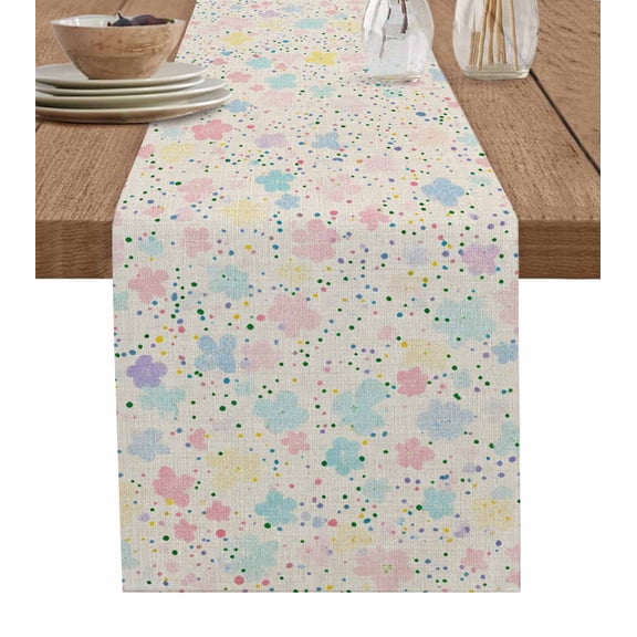 Colorful Flowers Table Runner 48 Inches, Polka Dots Spring Modern Retro Bed Runner Dresser Scarves Tabletop for Indoor Outdoor Parties/Ceremony/Banquet, 13" x 48"