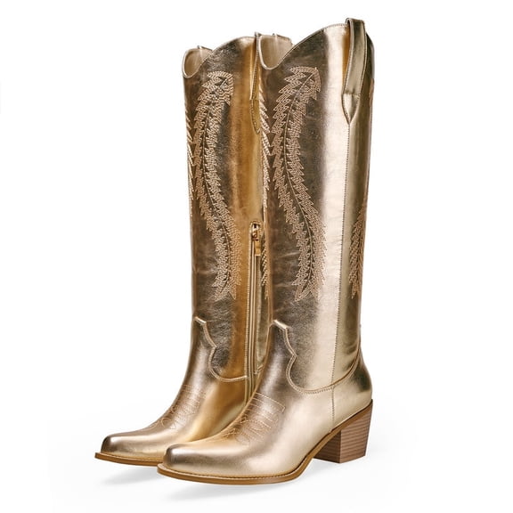 Women's Gold Metallic Cowboy Boots Sparkle Western Embroidered Side Zipper Chunky Heel Pointed Toe Tall Cowgirl Boots for Party Wedding 11