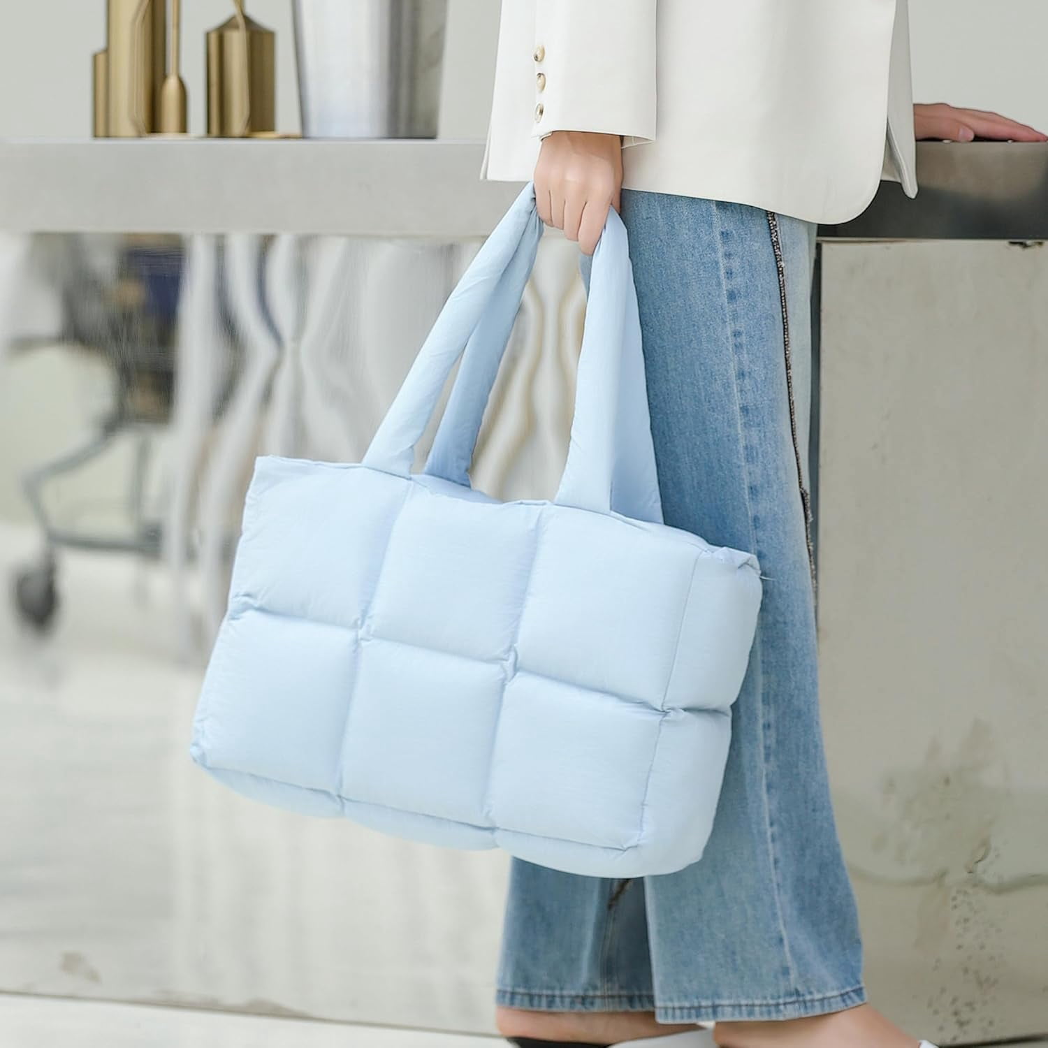 JennyShop Large Capacity Fashion Quilted Puffy Handbag, Herald Puffer Tote Bag for Women, Lightweight Satchel Purse for Working Travelling Gym Shopping