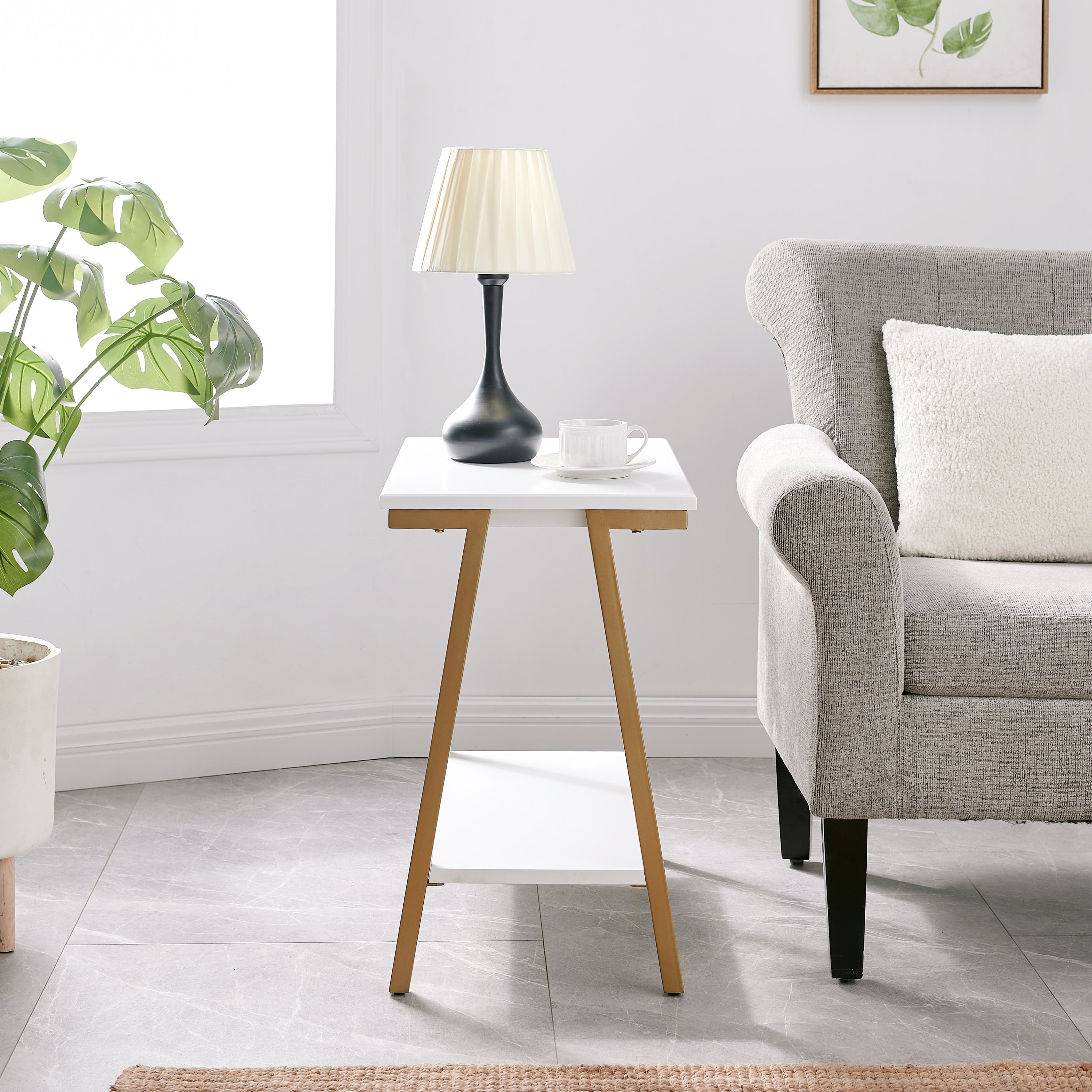 Leick Furniture Empiria Wood and Metal Narrow End Table with Shelf, White/Gold