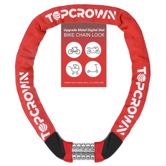 Candado de cadena para bicicleta Topcrown de 100 cm, metálico, combinación de 5 dígitos