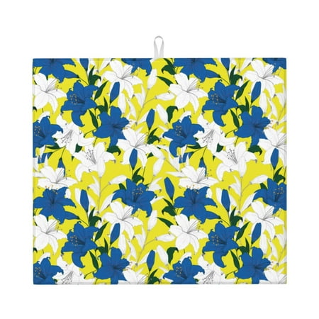 

Dish Drying Mats for Kitchen Counter - White Blue Lilies Flowers 16x18In Anti-Slip Absorbent Microfiber Drying Mat for Kitchen Counter Mat Dish Rack Mat with Hanging Loop