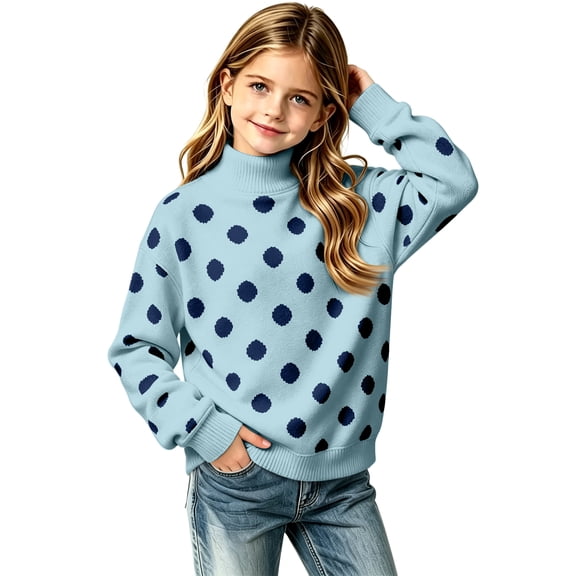 Girls Polka Dot Turtleneck Sweater Long Sleeve Pullover Tops Loose Fit Kids Casual Fall Winter Daily Knit Outfits